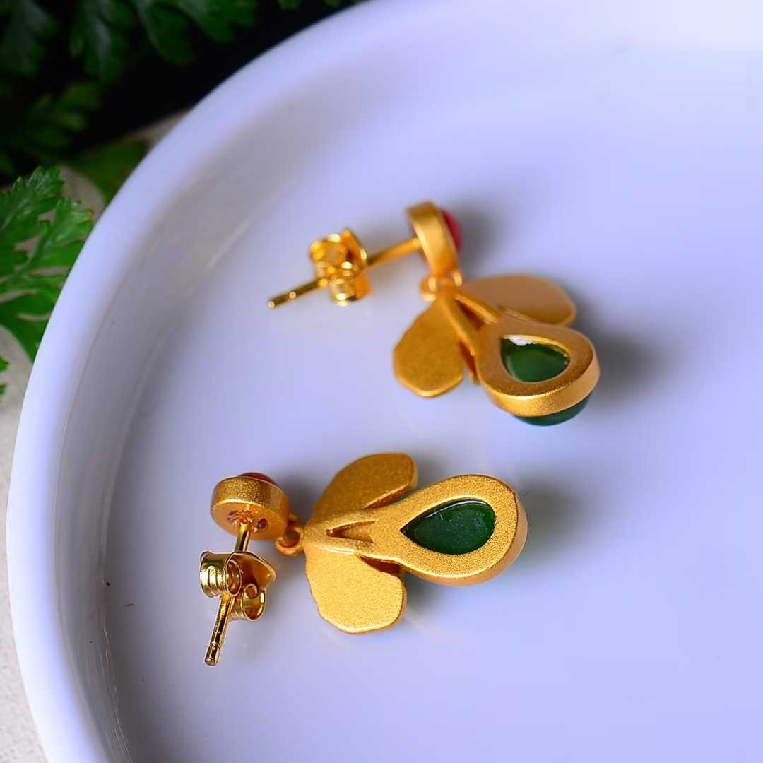 925 Silver Inlaid Nephrite Green Jade Teardrop Enamel Earrings
