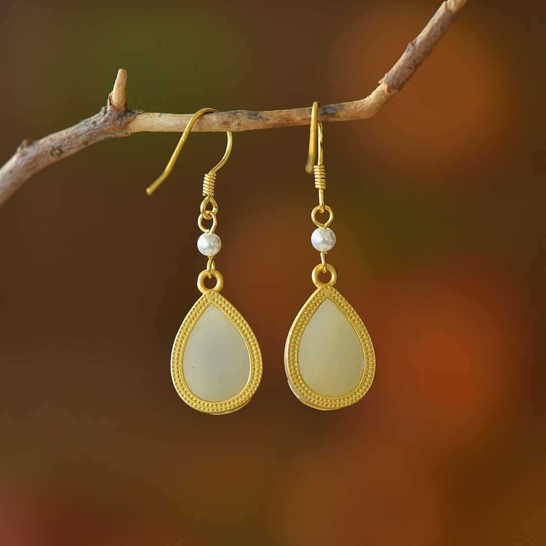 925 Silver Inlaid Nephrite "Koi Fish Coming Ashore" Teardrop Earrings