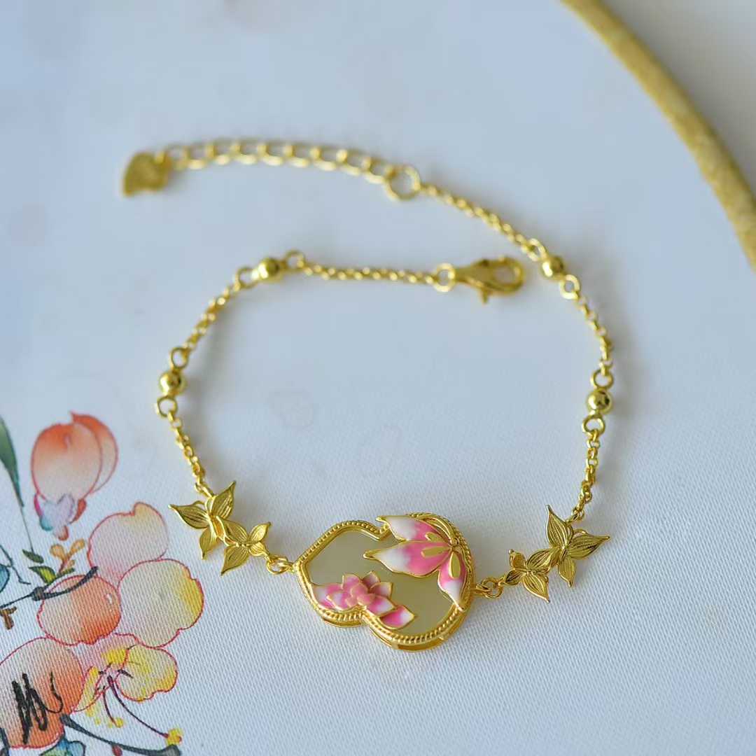  Flat gourd and butterfly Hetian nephrite bracelet and necklace set in sterling silver