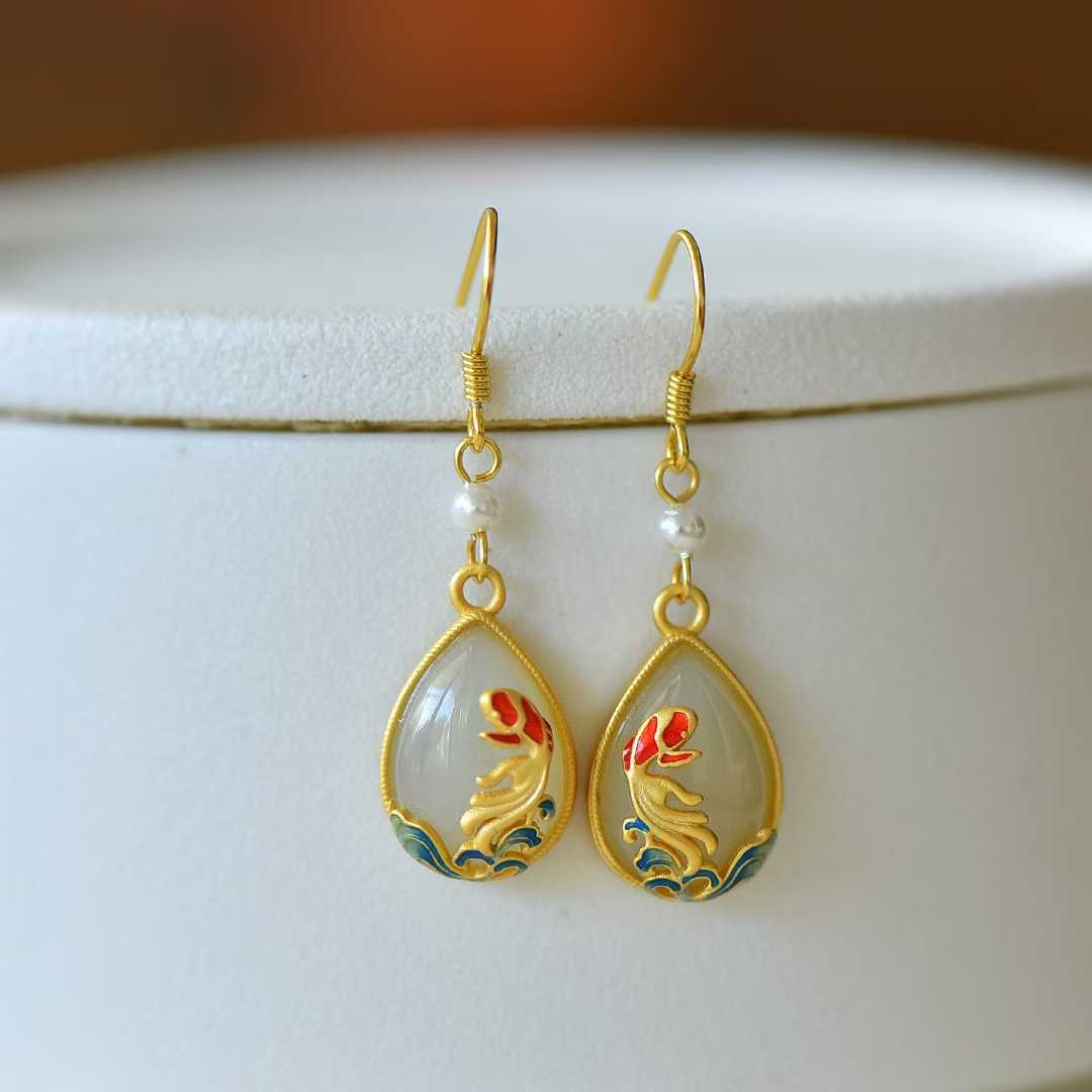 925 Silver Inlaid Nephrite "Koi Fish Coming Ashore" Teardrop Earrings