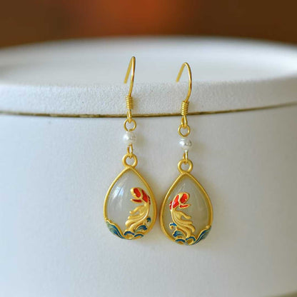 925 Silver Inlaid Nephrite "Koi Fish Coming Ashore" Teardrop Earrings