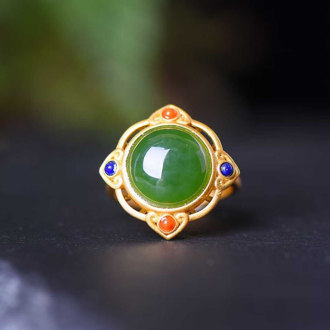 925 Silver Inlaid Vintage-Style Silver & Green Jade Cabochon Ring