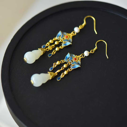 925 Silver Inlaid Hetian Nephrite "Gourd: Fortune & Blessing" Tassel Earrings
