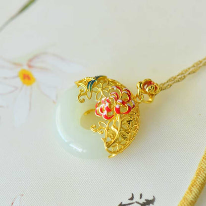 925 Silver Inlaid Nephrite "Peony Filigree Peace Ring" Pendant