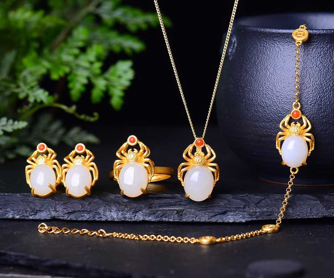 925 Silver Inlaid Hetian Jade Four-Piece Set