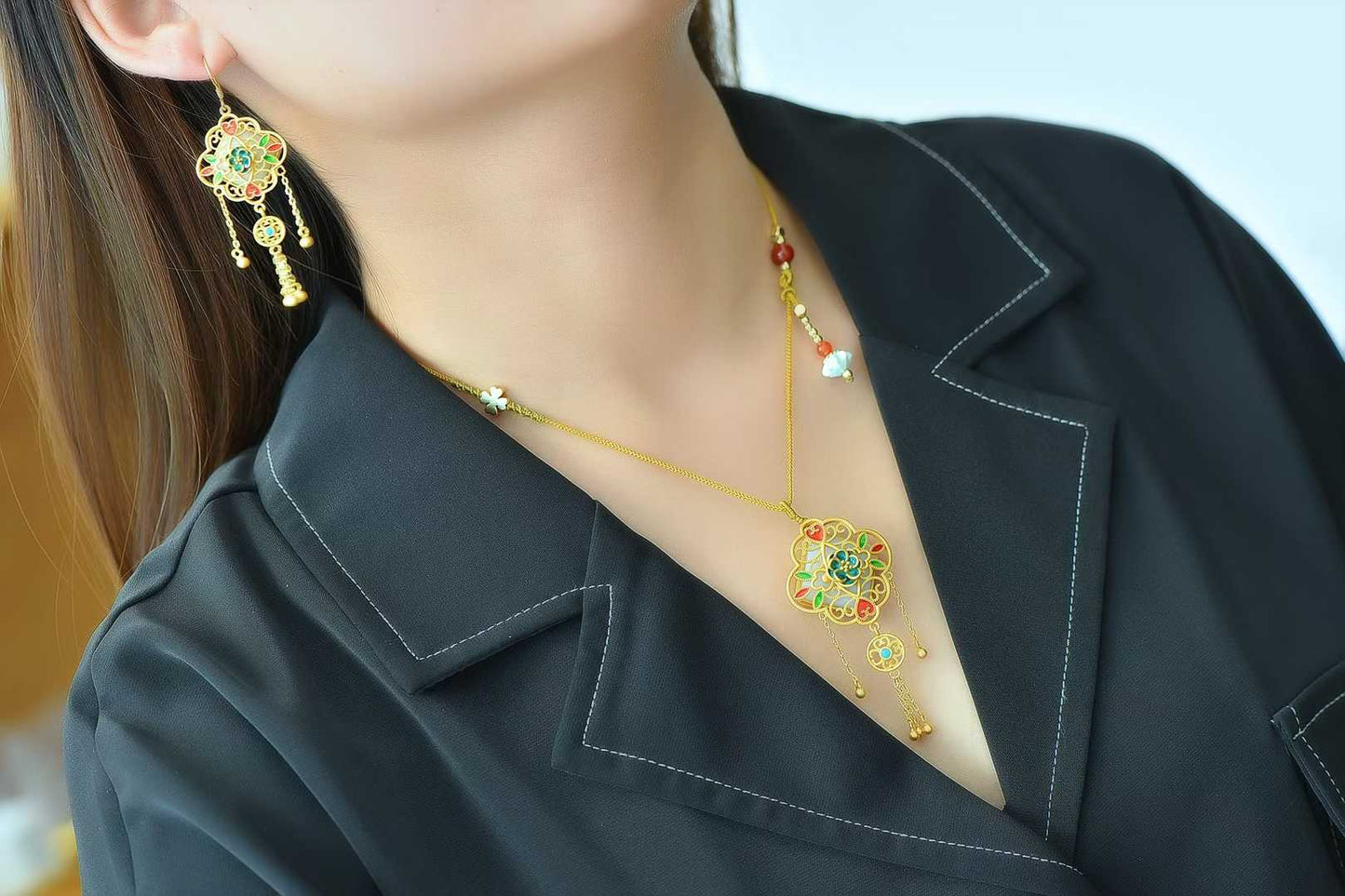 Sterling silver Hetian jade jewelry set - flourishing blossoms representing abundance and growth"