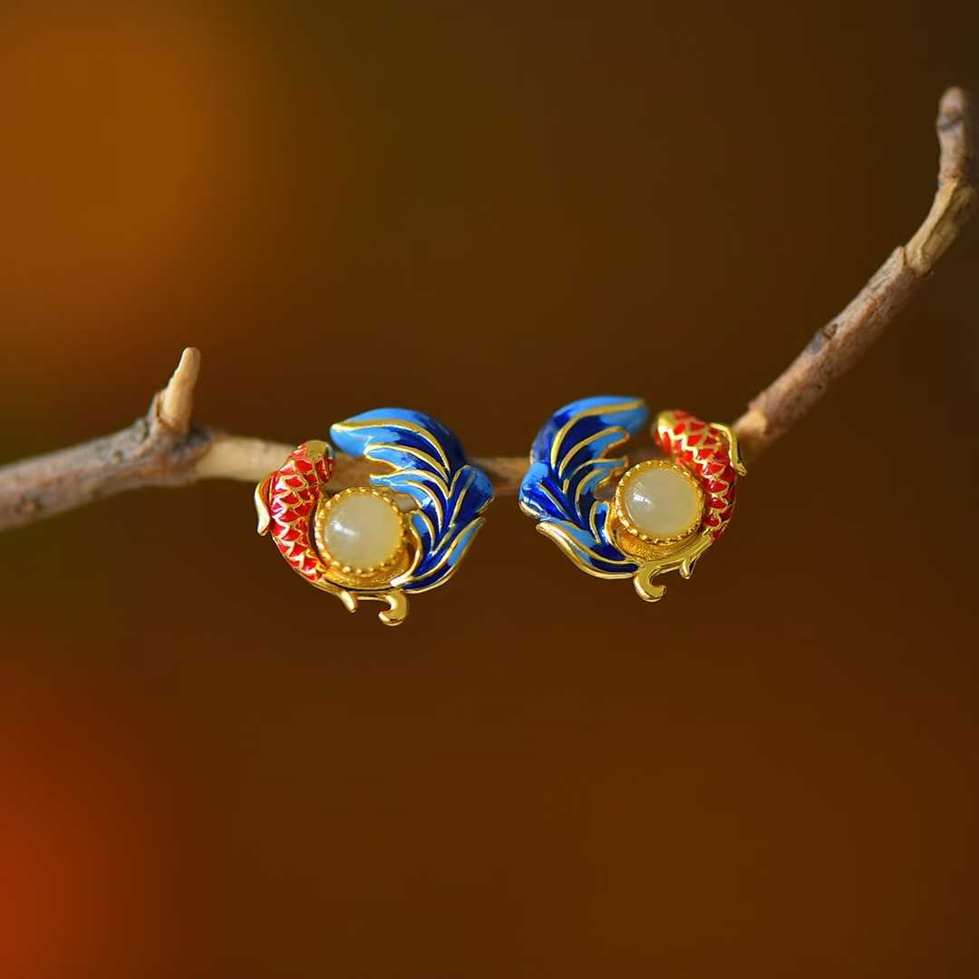 925 Silver Inlaid White Hetian Nephrite "Koi & Luster" Stud Earrings