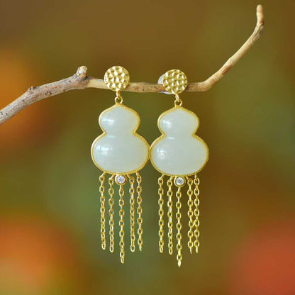 925 Silver Inlaid Hetian Nephrite "Gourd & Tassel" Earrings