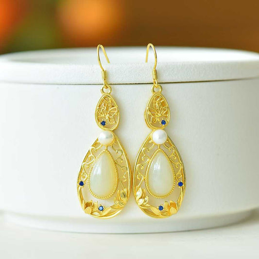 925 Silver Inlaid Nephrite "Lotus of Good Fortune" Teardrop Earrings