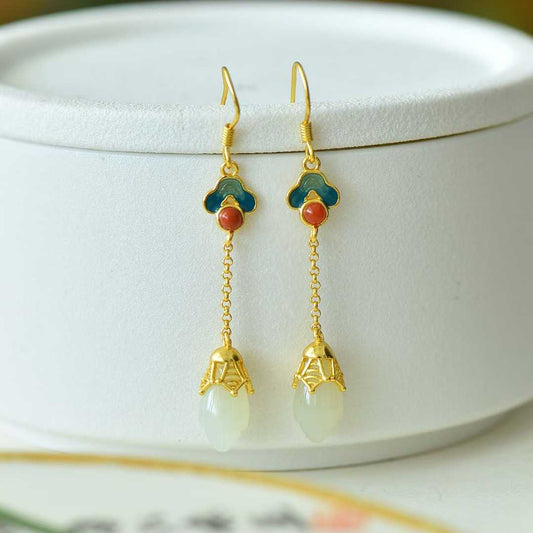 925 Silver Inlaid Nephrite Magnolia and Auspicious Cloud Earrings with Southern Red Agate and Enamel