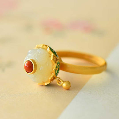 925 Silver Inlaid White Hetian Nephrite "Lotus for Fortune Turning" Ring