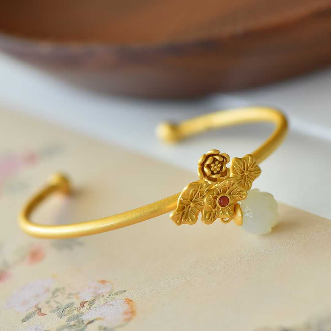 925 Silver Inlaid Hetian Nephrite "Lotus Bead" Bracelet