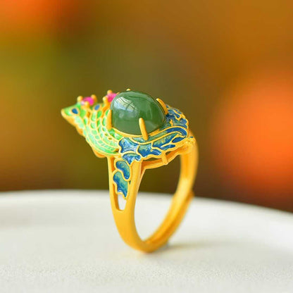 925 Silver Inlaid Hetian Spinach Green Nephrite Cabochon Peacock Enamel Ring