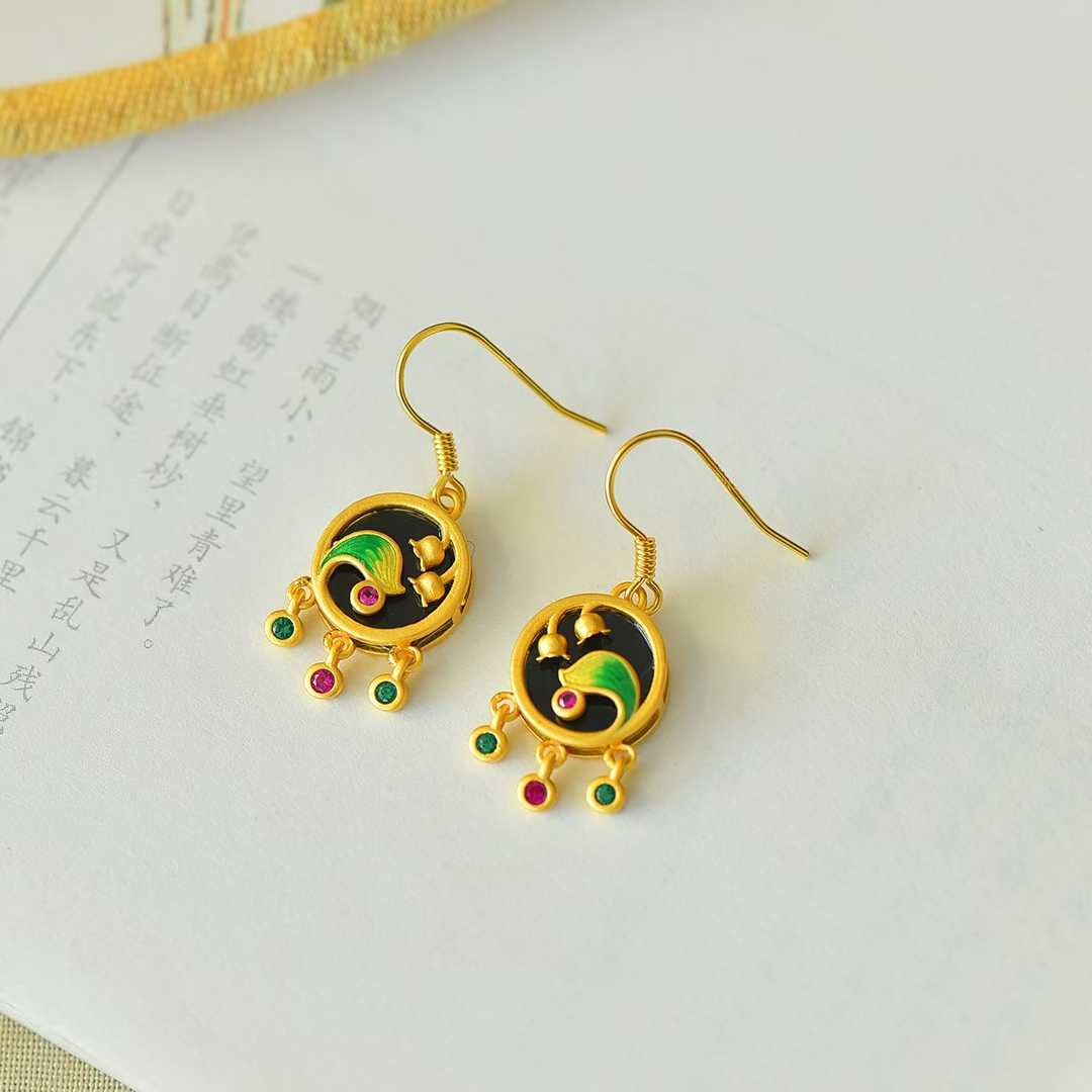 925 Silver Inlaid Hetian Black Nephrite "Lily of the Valley in Bloom" Earrings