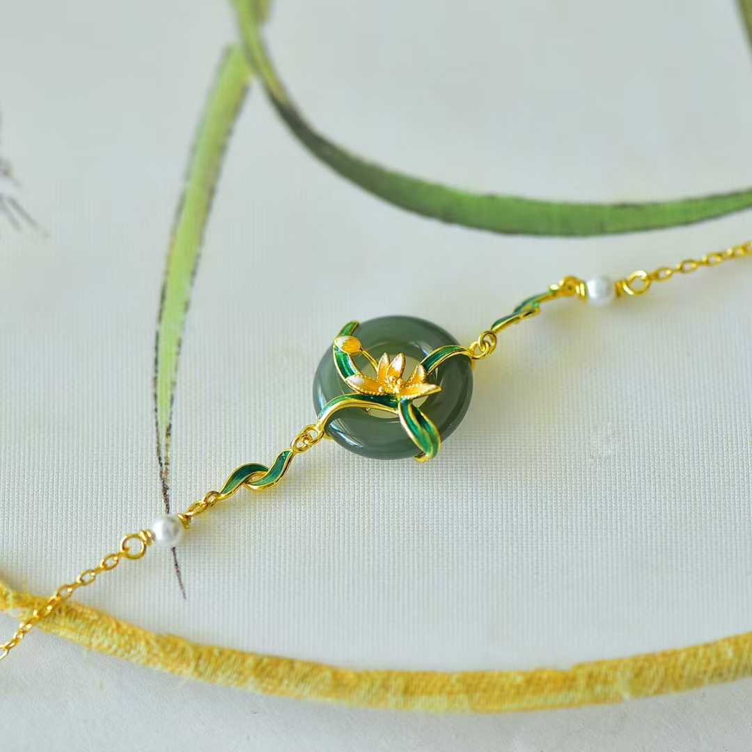 925 Silver Inlaid Hetian Nephrite Peace Ring & Lotus Bracelet