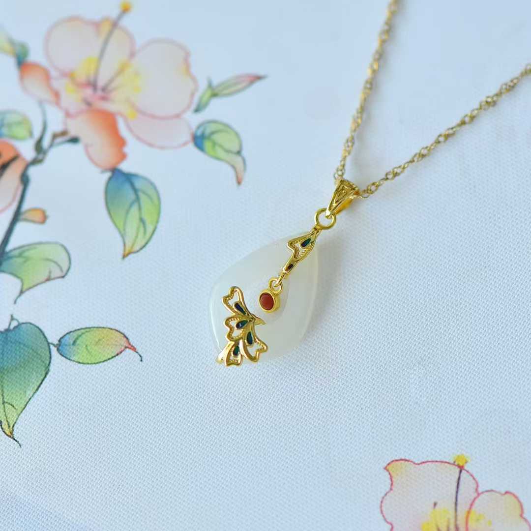 925 Silver Inlaid Hetian Nephrite Hollowed-Out Water Drop & Phoenix Pendant