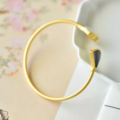 925 Silver Inlaid Hetian Nephrite "Fan-Shaped Enamel & Matt Gold" Bracelet