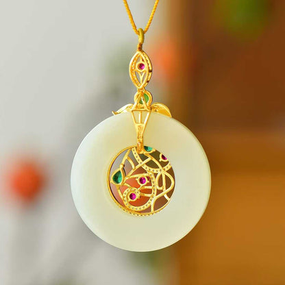 925 Silver Inlaid Hetian Nephrite "Peace Ring" Plain Silver Pendant with Colored Cubic Zirconia