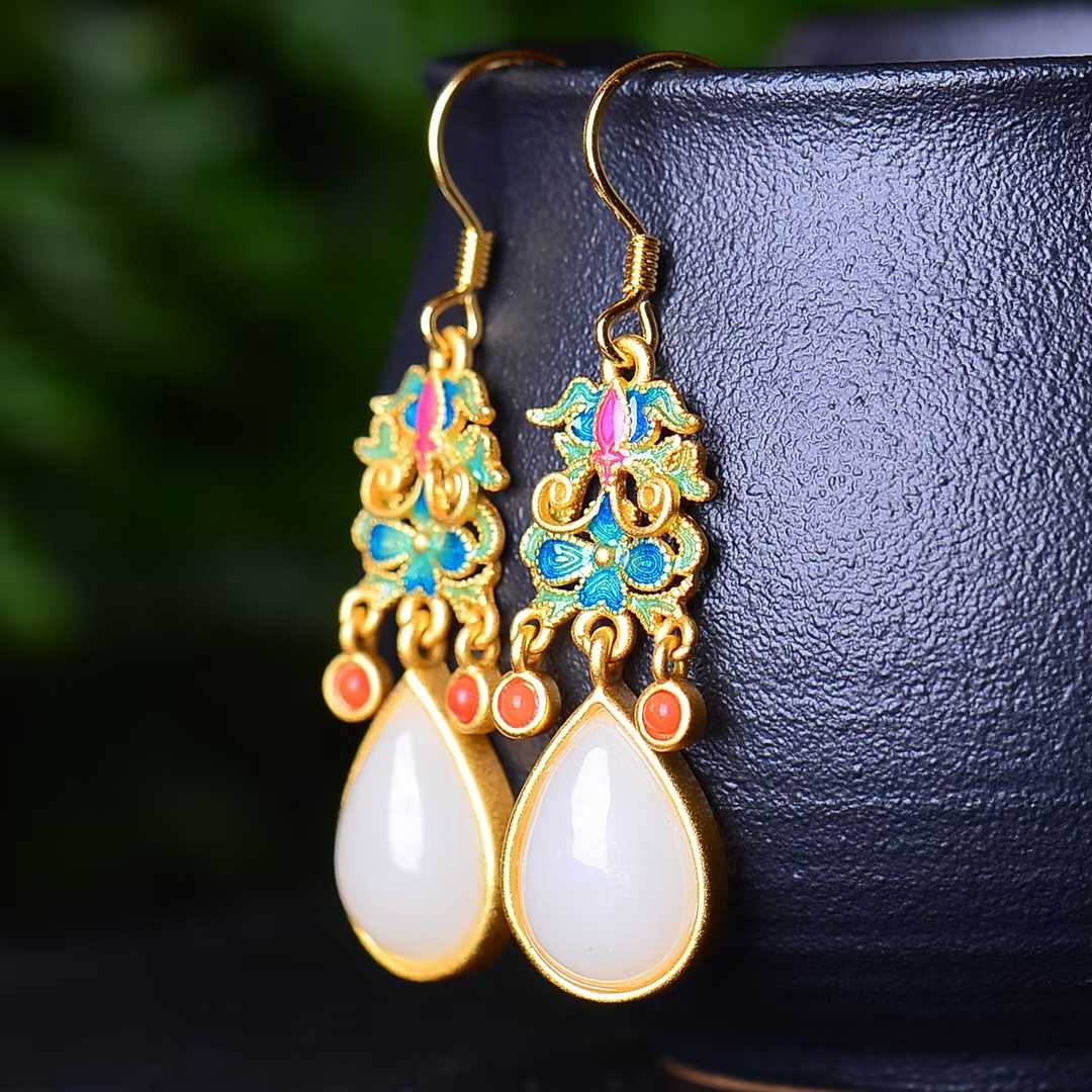 925 Silver Inlaid Hetian Jade Cabochon and Enamel Teardrop Earrings