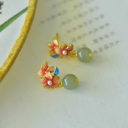 925 Silver Inlaid Hetian Nephrite "Ethereal Peach Blossom" Earrings