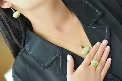 Sterling silver Hetian jade jewelry set - orchid grass Ruyi lock representing protection and blessings