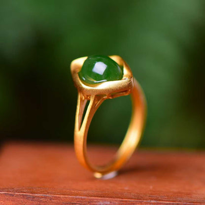 925 Sterling Silver Inlaid Hetian Jade with Thick Brushed Gold Small Ruyi Green Jade Ring