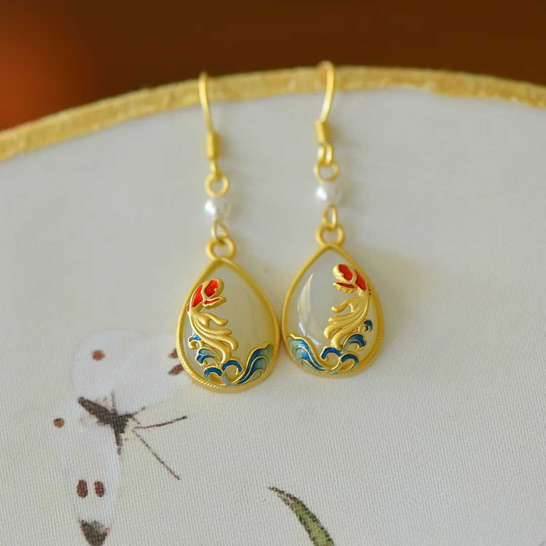 925 Silver Inlaid Nephrite "Koi Fish Coming Ashore" Teardrop Earrings