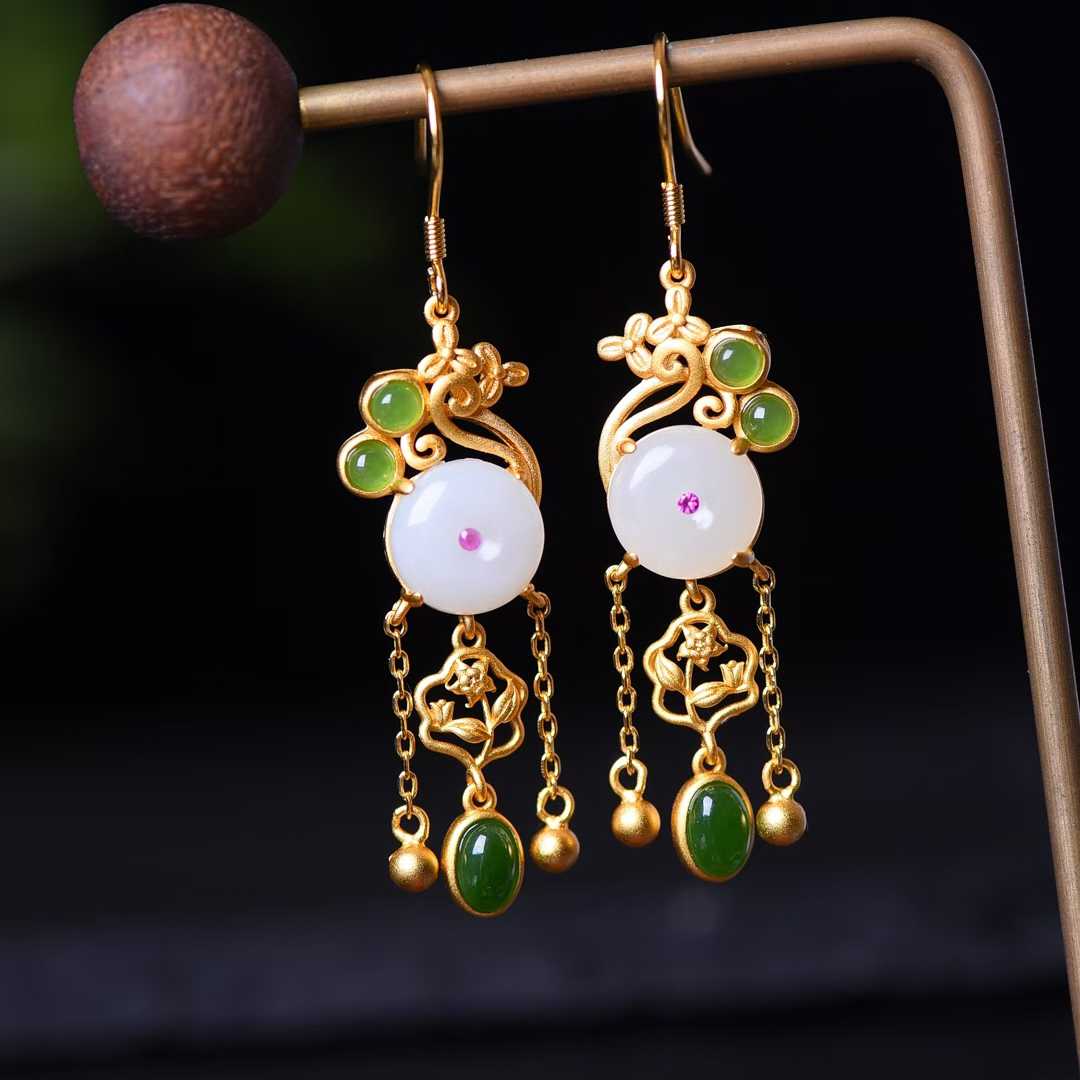 925 Silver Inlaid Hetian Jade Ping'an Kou Set