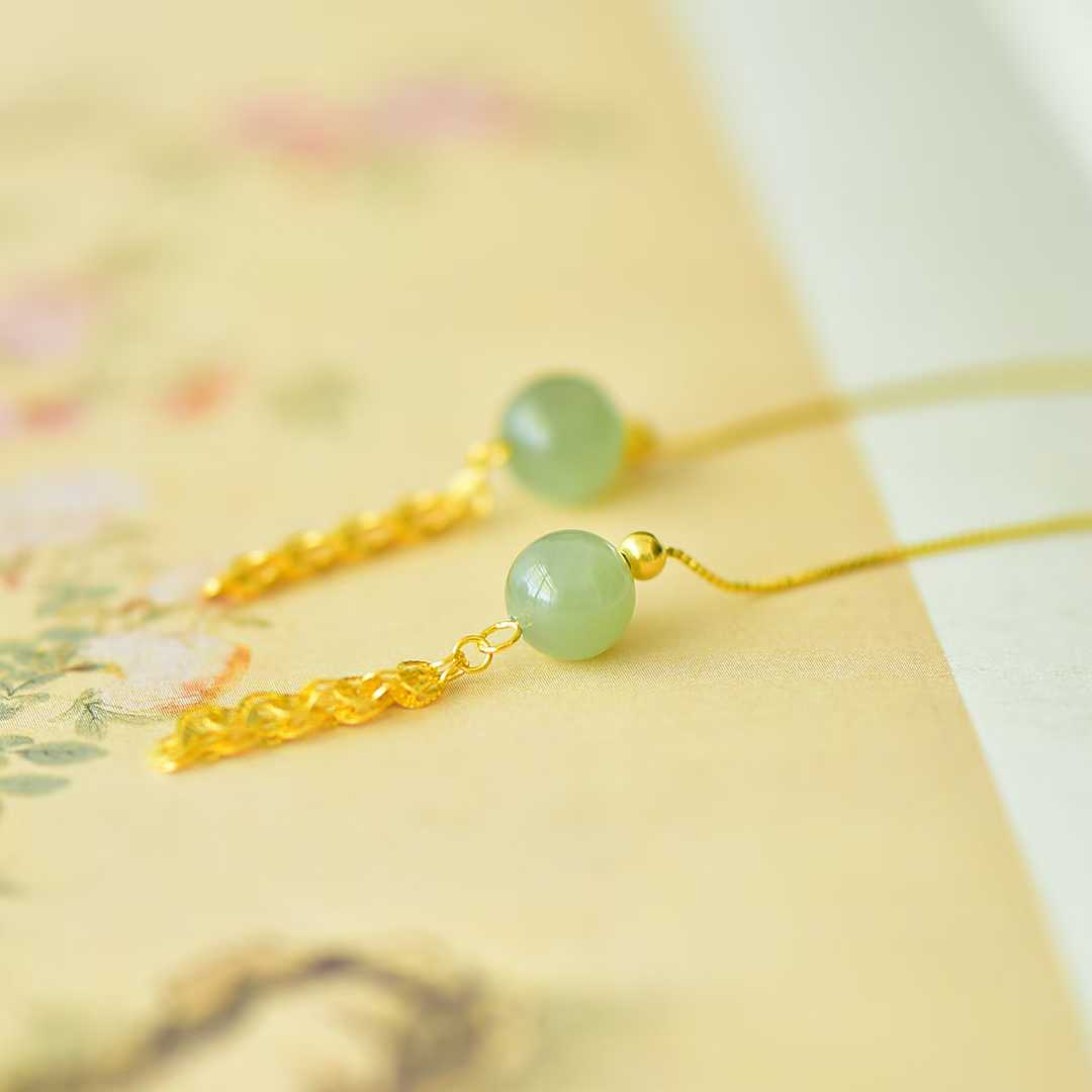 925 Silver Inlaid Hetian Qingshui Jade 8mm Full-Drilled Bead Phoenix Tail Plain Silver Earrings