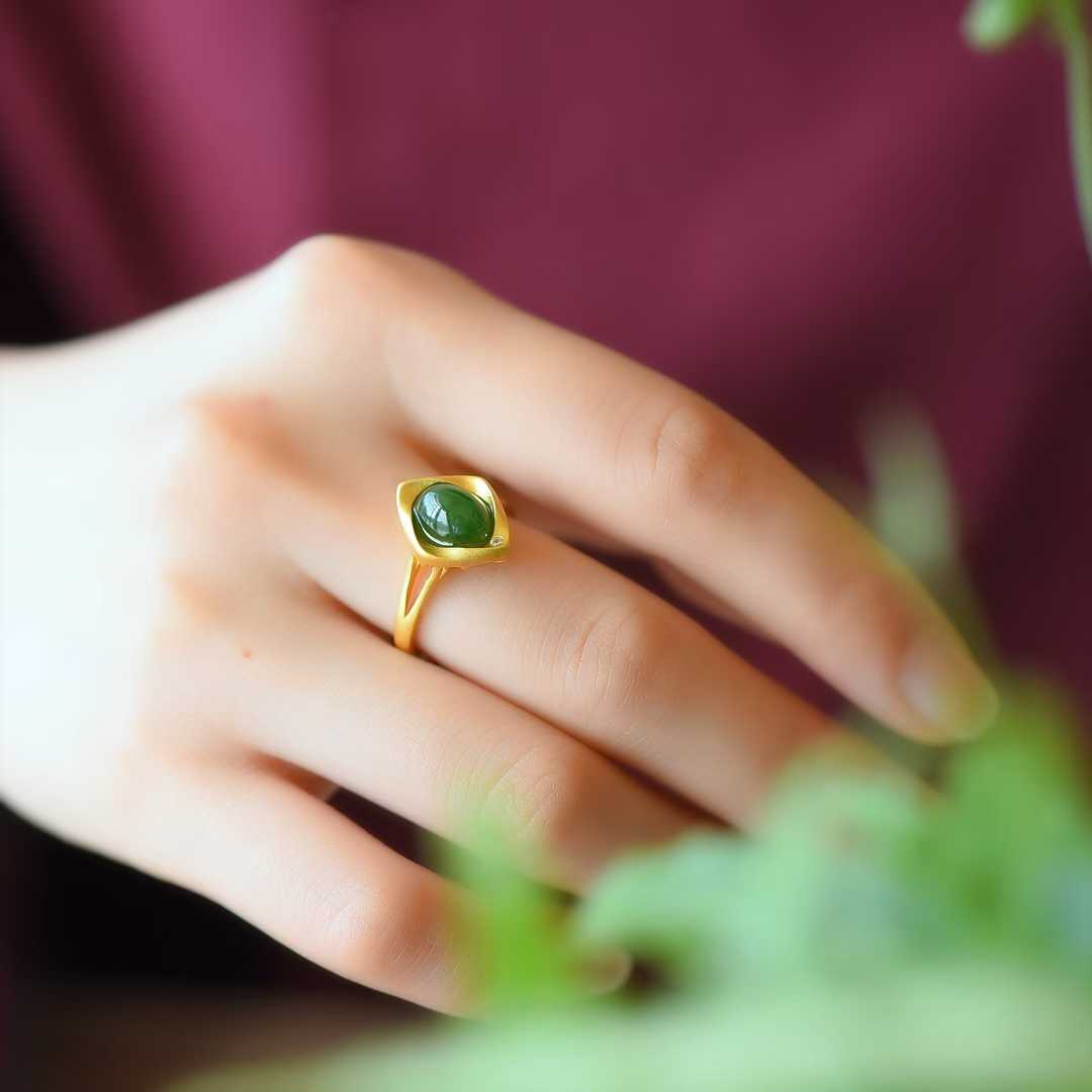 925 Sterling Silver Inlaid Hetian Jade with Thick Brushed Gold Small Ruyi Green Jade Ring