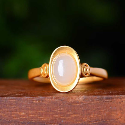 925 Silver Inlaid Hetian Jade Yuanbao Ring