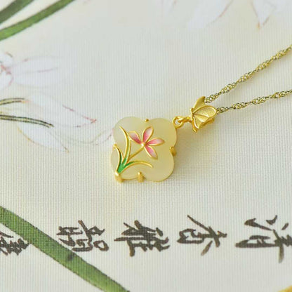 925 Silver Inlaid Hetian Nephrite "Phalaenopsis & Four-Leaf Clover" Pendant