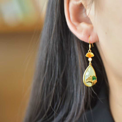 925 Silver Inlaid Nephrite "Destiny in Apricots" Teardrop Earrings
