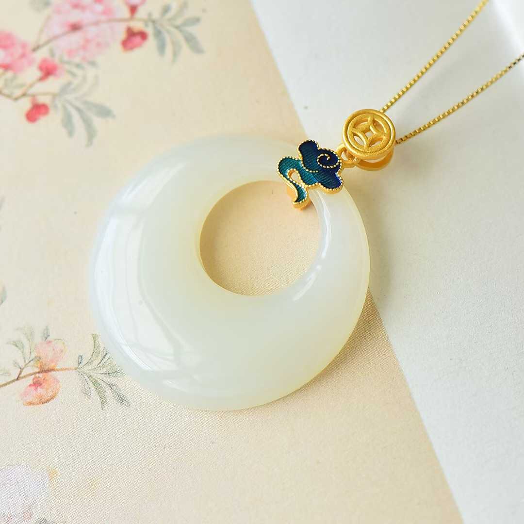 925 Silver-Inlaid Hetian Jade Pendant with "Auspicious Clouds" & "Ping'an Kou" (Peace Buckle) Design