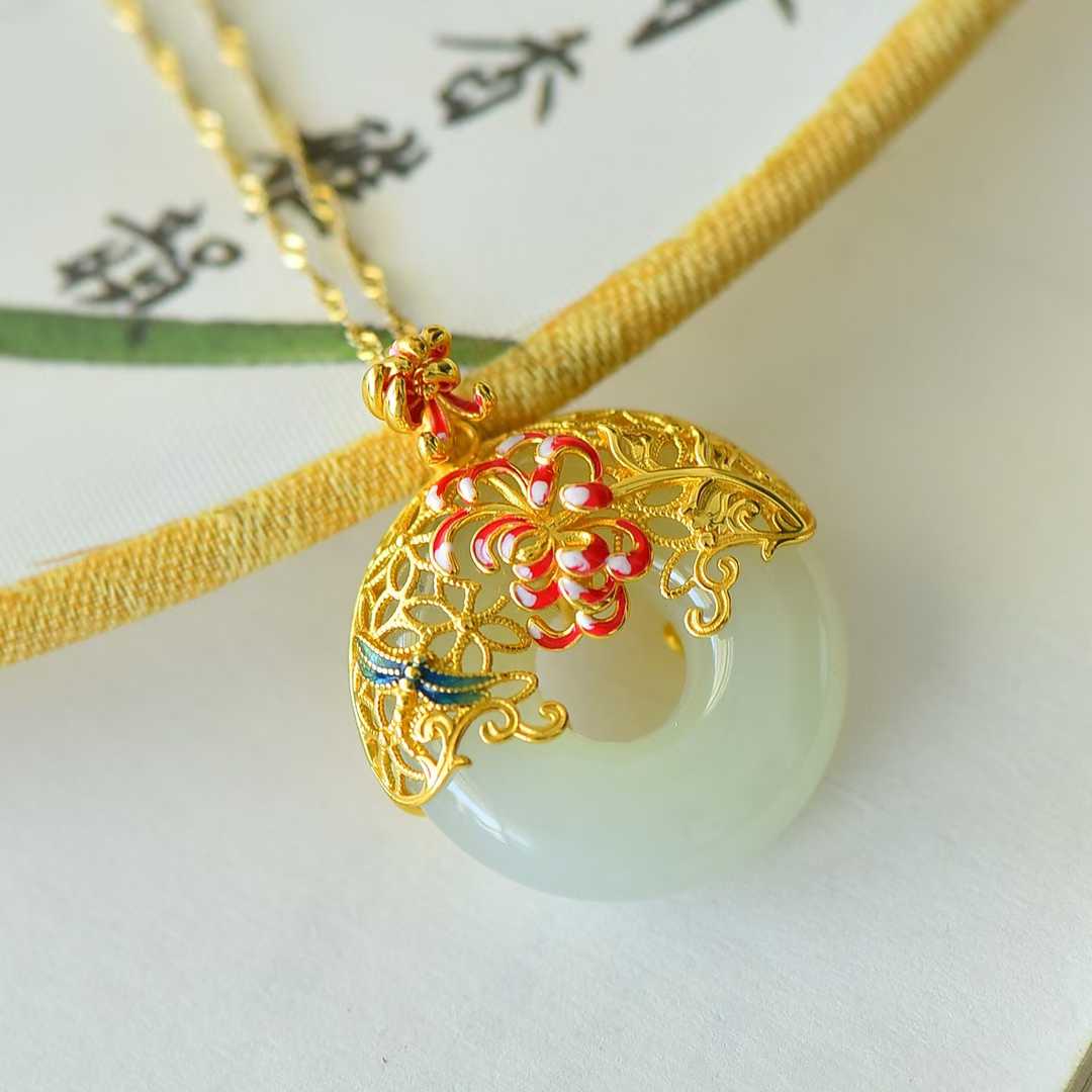 925 Silver Inlaid Nephrite "Peony Filigree Peace Ring" Pendant