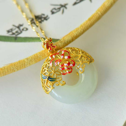 925 Silver Inlaid Nephrite "Peony Filigree Peace Ring" Pendant