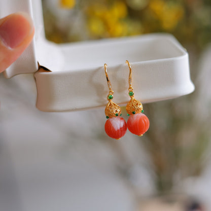 Natural Baoshan Nanhong Agate Gourd Earrings
