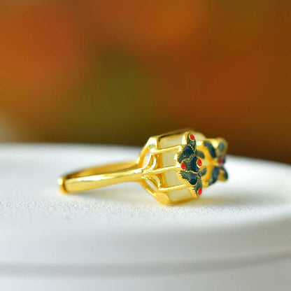 925 Silver Inlaid White Hetian Nephrite "Colorful Butterflies Dancing" Ring