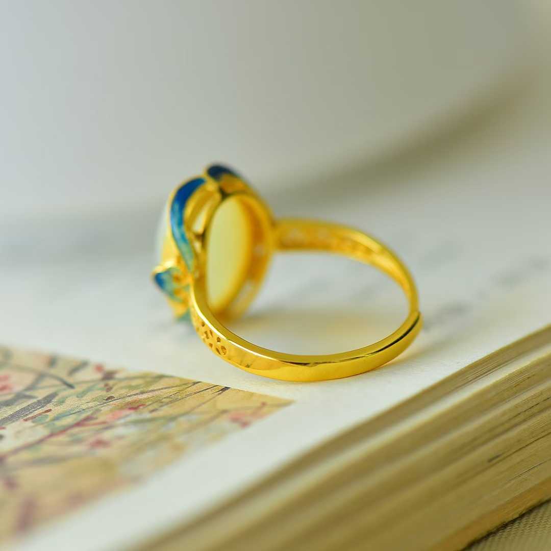 S925 Silver Inlaid Nephrite "Zhao Cai Jin Bao An Kang" Ring