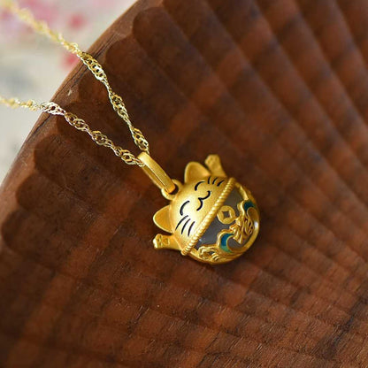 925 Silver Inlaid Nephrite "Lucky Fortune Cat" Pendant