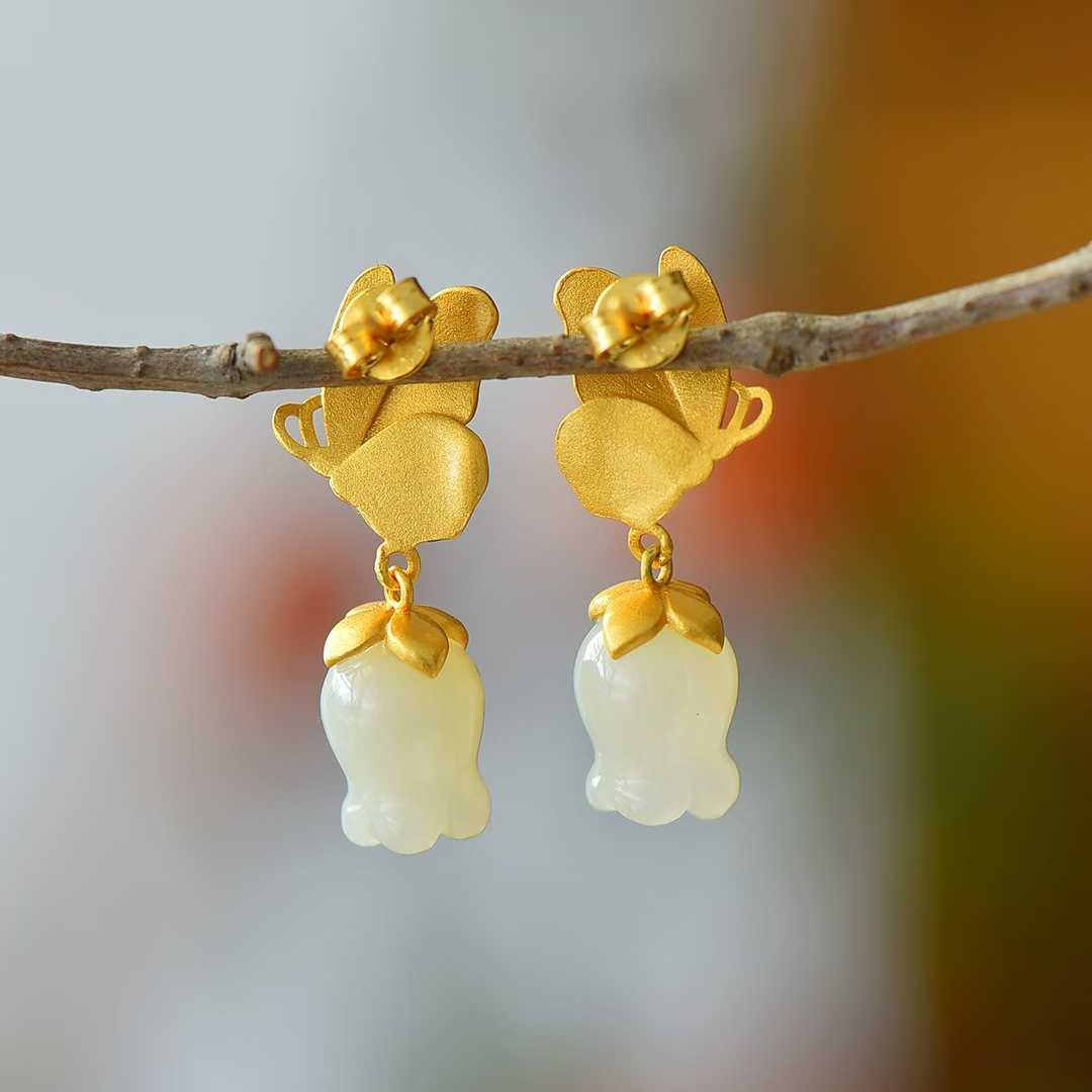 925 Silver Inlaid Nephrite Pomegranate Flower and Butterfly Earrings