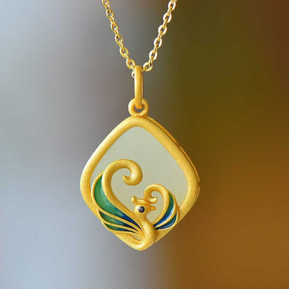 925 Silver Inlaid Nephrite Diamond-Shaped Phoenix Pendant