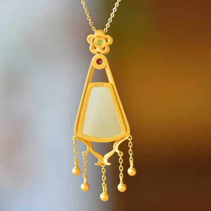 925 Silver Inlaid Nephrite "One Leaf Contains the Universe" Tassel Pendant