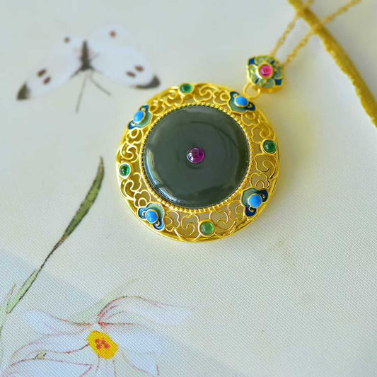 925 Silver Inlaid Hetian Nephrite "Peace Buckle & Ruyi" Pendant