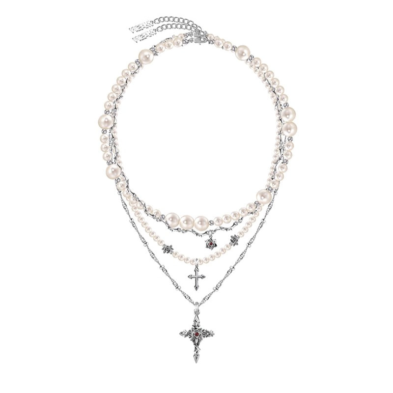 Baroque pearl cross necklace with layered chains