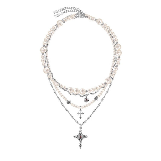 Baroque pearl cross necklace with layered chains