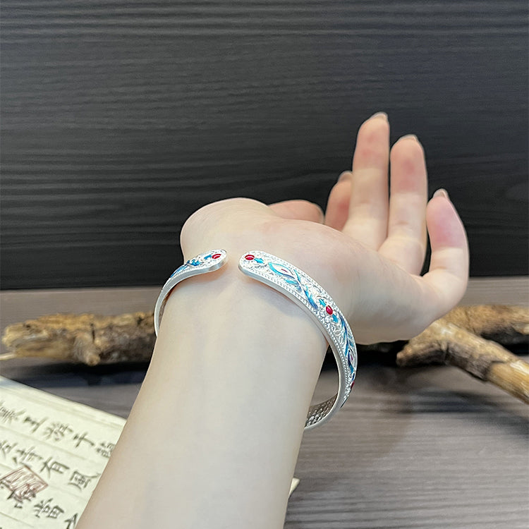 Heart Sutra Ancient Enamel Phoenix Feather Sterling Silver Bracelet