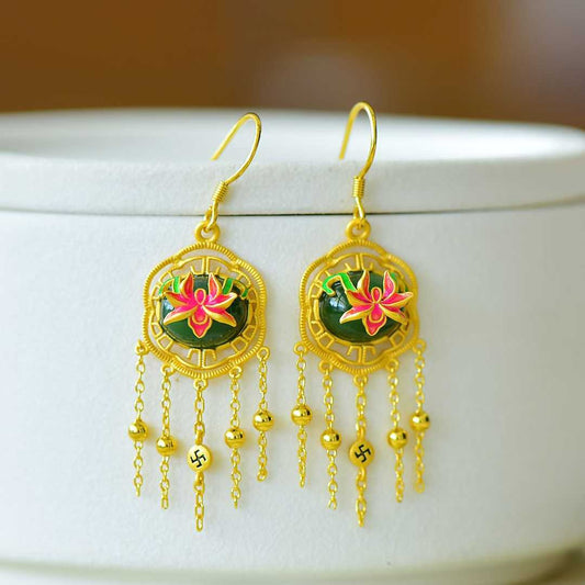  Close-up of orchid and iris motif with green Hetian jade cabochons in sterling silve