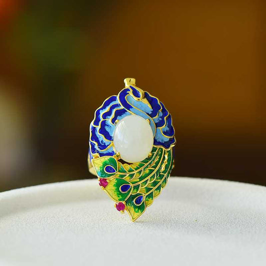 925 Silver Inlaid Hetian Nephrite Phoenix Ring