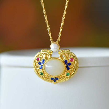 S925 Silver Inlaid Hetian Nephrite "All Wishes Come True & Ruyi Lock" Pendant